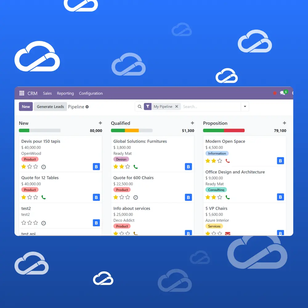 A screen showing a Kanban board within the CRM app