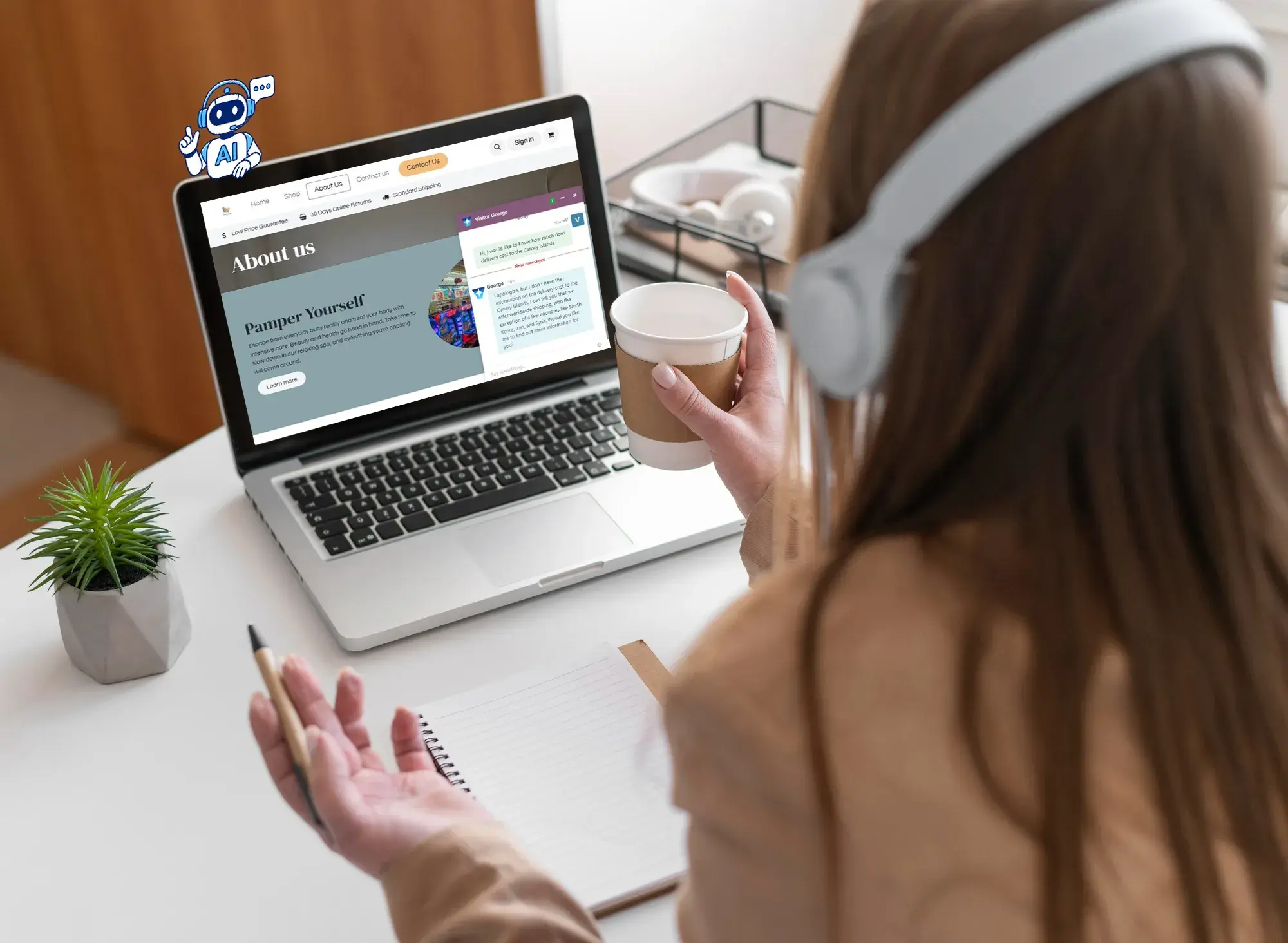 A woman drinking coffee and using the Binhex Cloud system on her computer