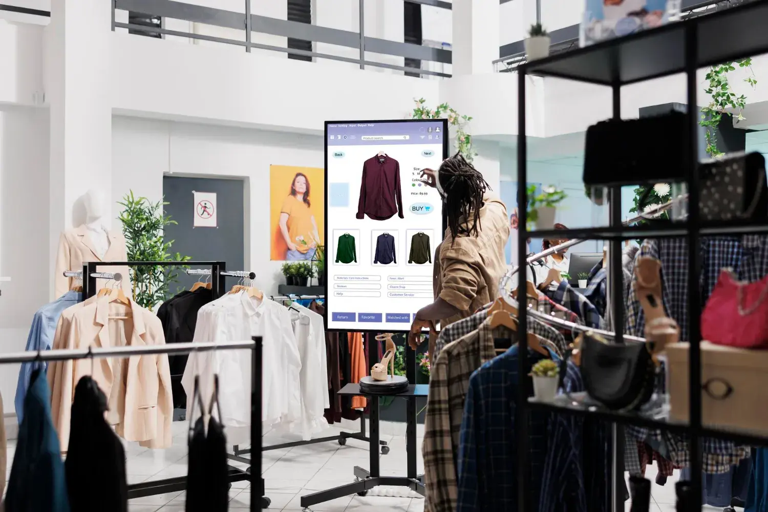 A person in a clothing store looking at the Binhex Cloud system on a screen 