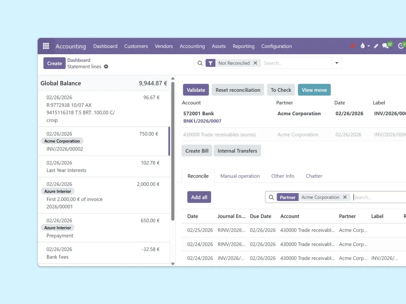 Bank reconciliation screen matching transactions with smart rules