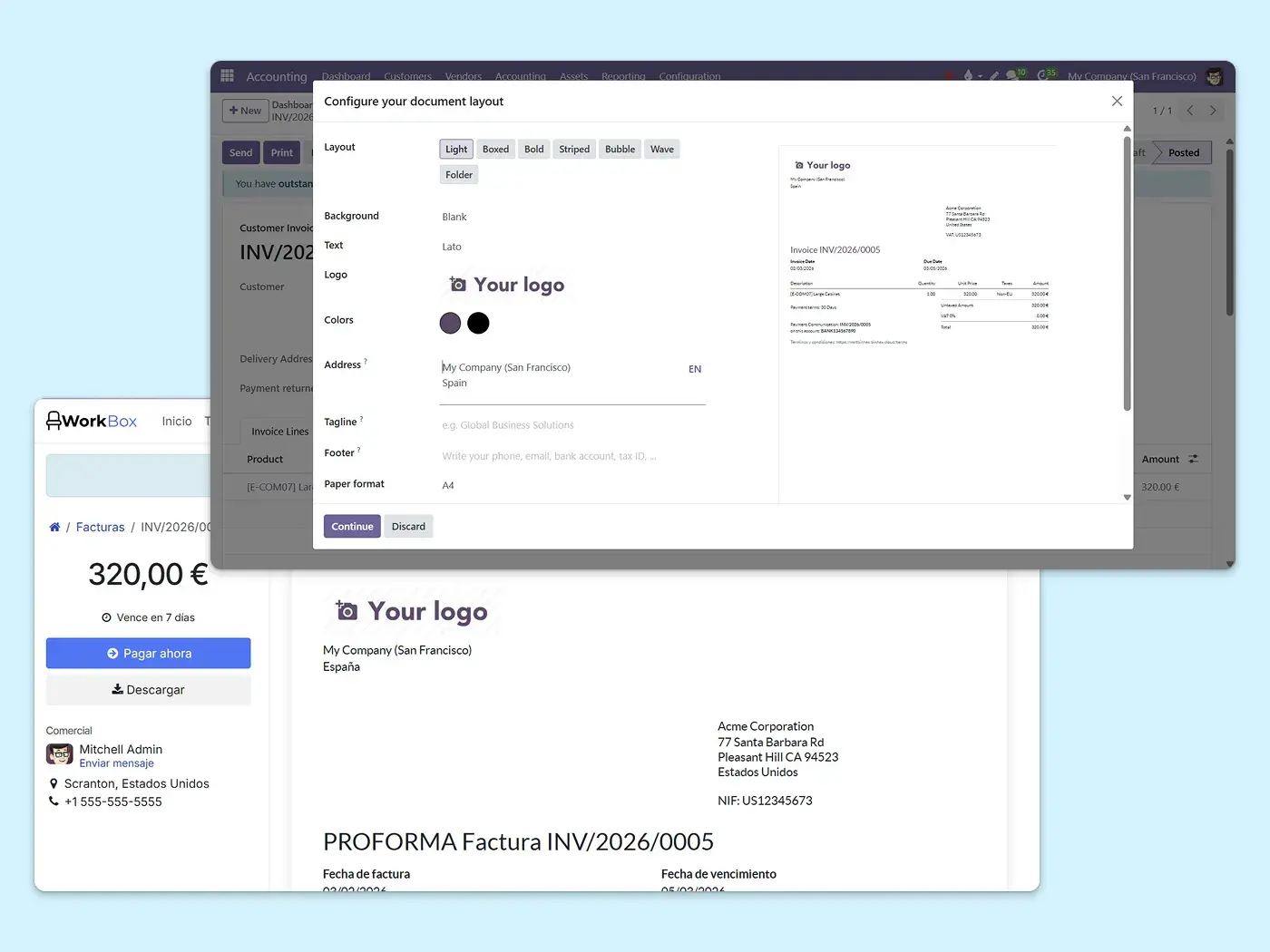 Invoice template editor with document preview and branding options