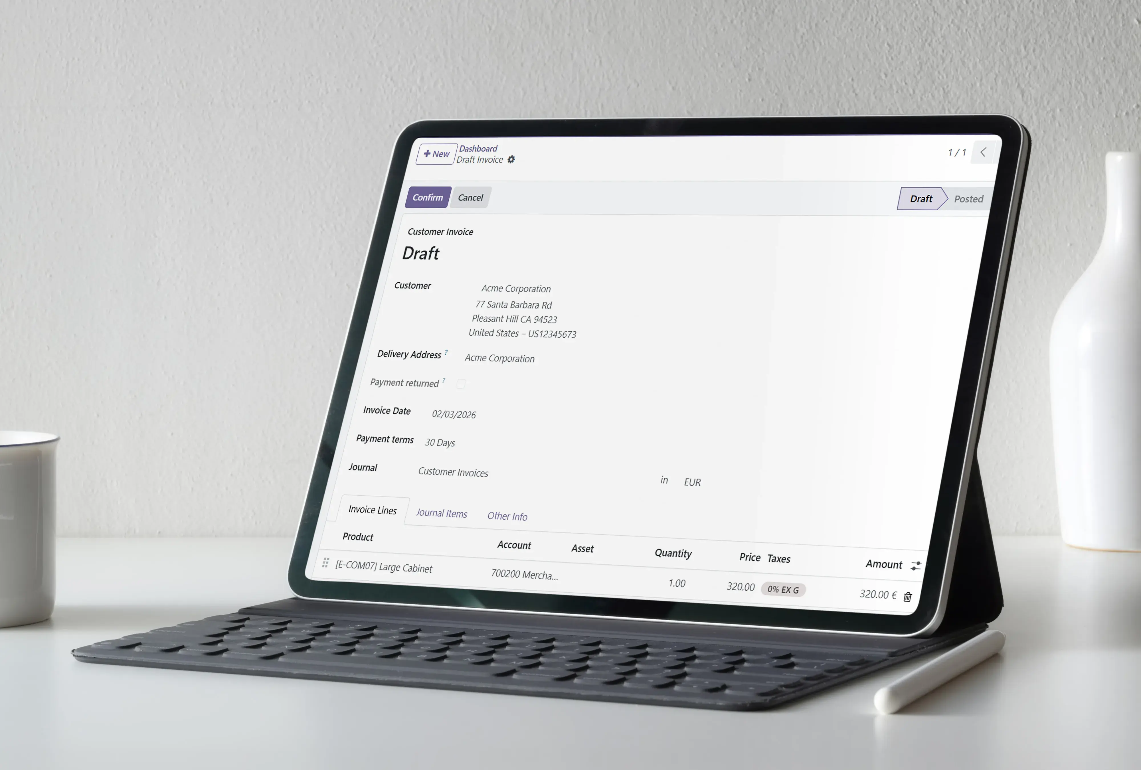 Draft invoice showing payment terms, billing address and products, ready to approve or edit