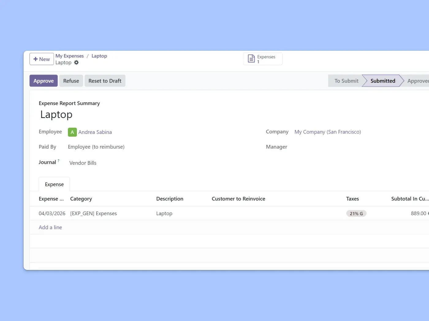 Expense report detail for a laptop purchased by an employee