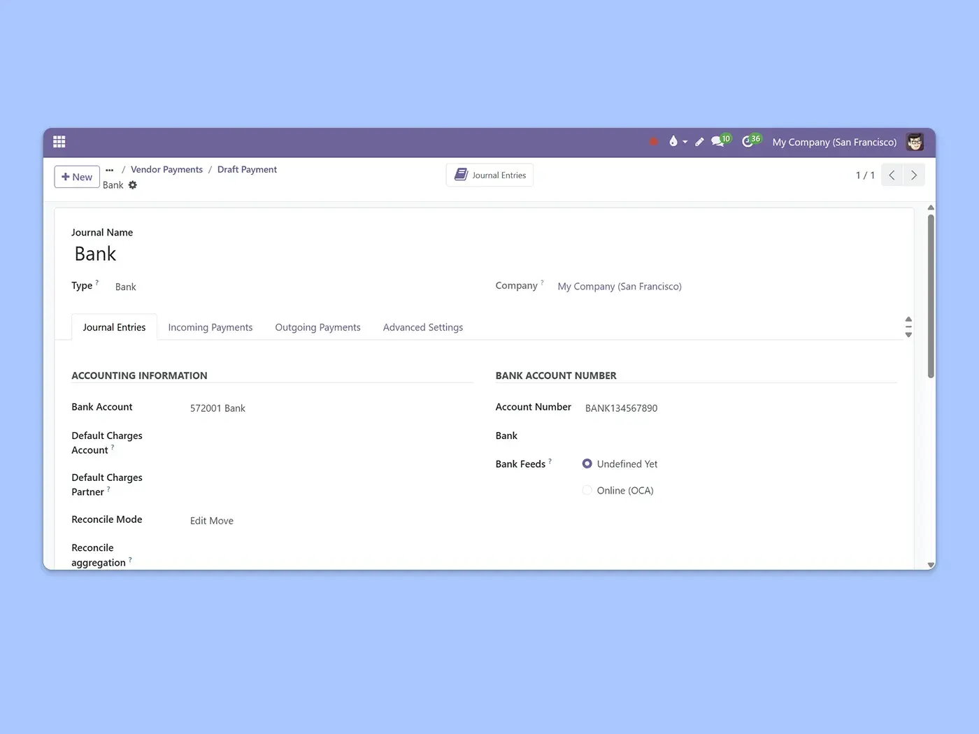 Integration of a bank section where account information is displayed and all fields can be edited