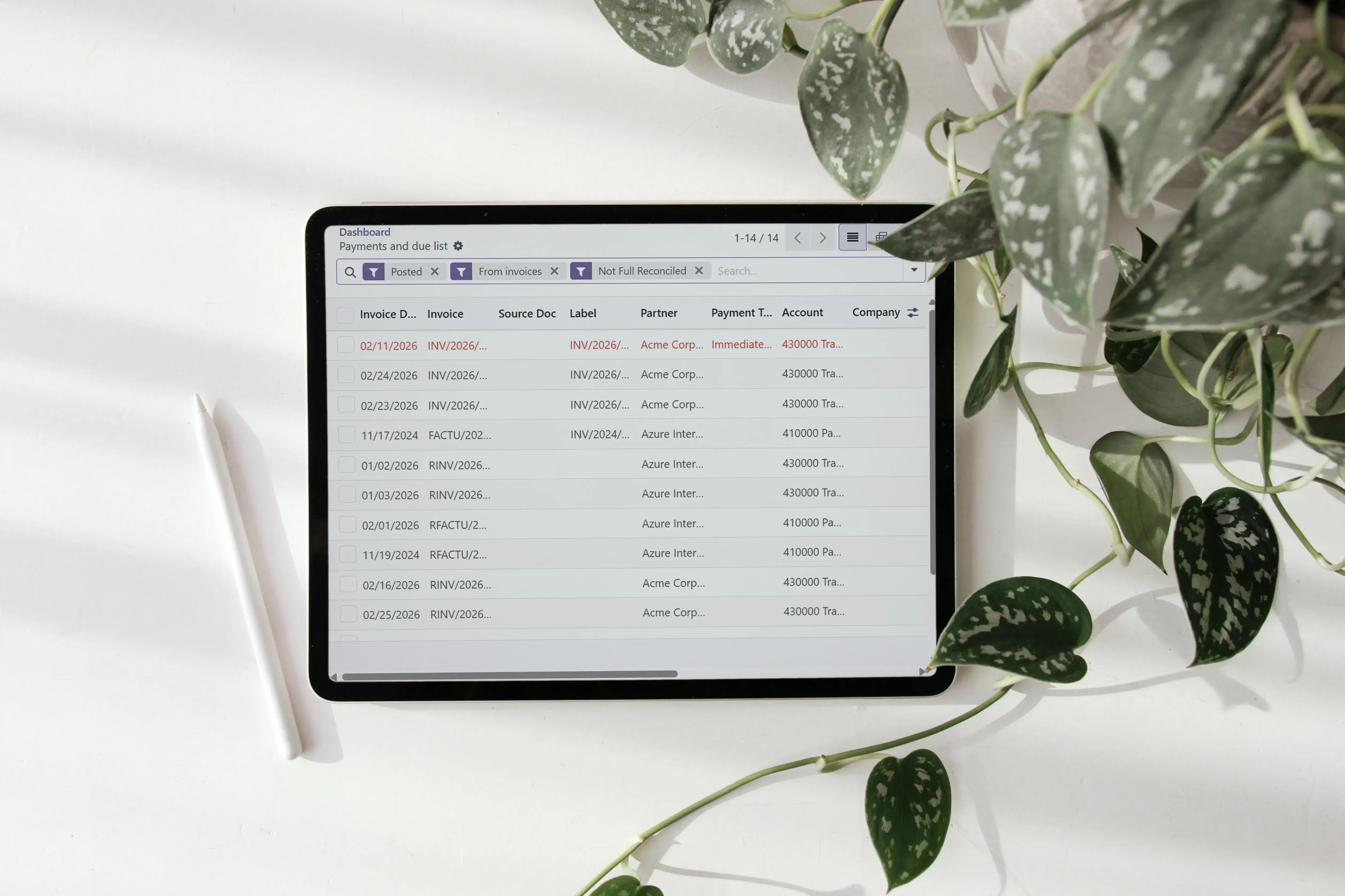 A tablet displaying the main dashboard of the finance app, showing a list of filtered documents
