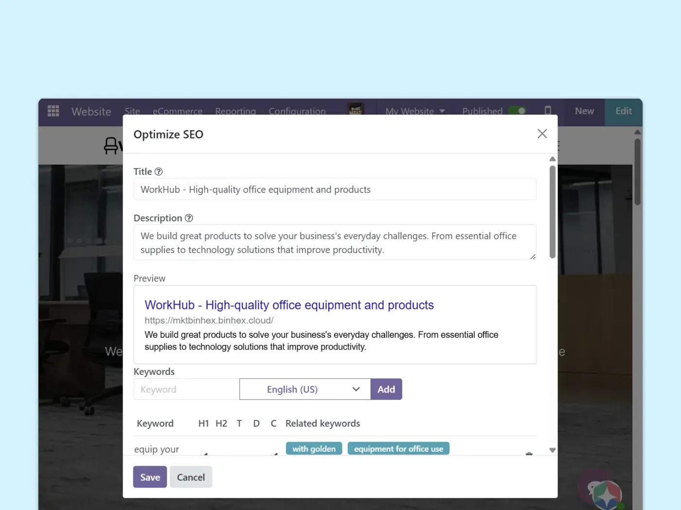 Basic SEO panel where you can enter a title for the site, a description, and keywords