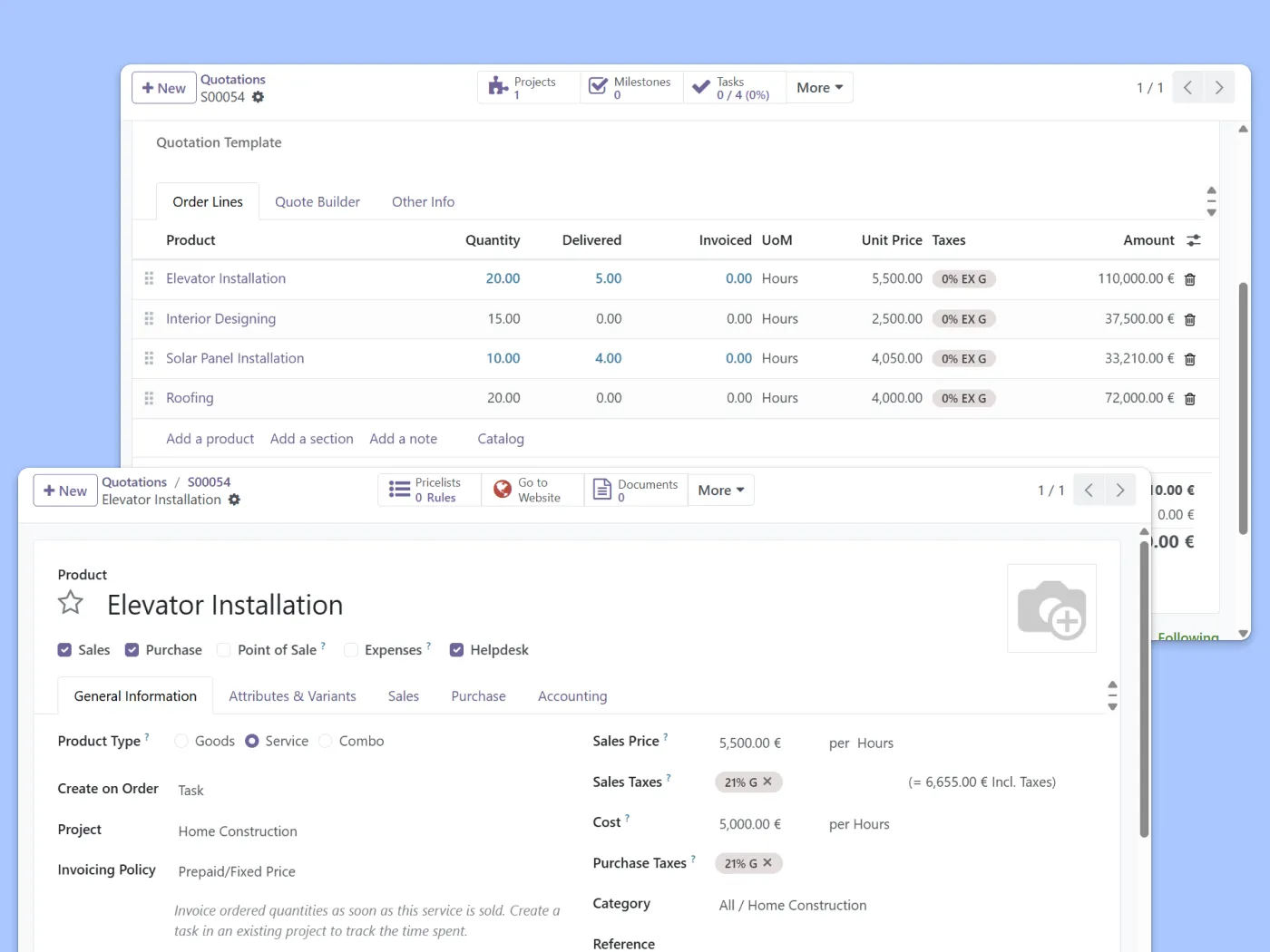 Screenshots showing a quote template and how to set it up 