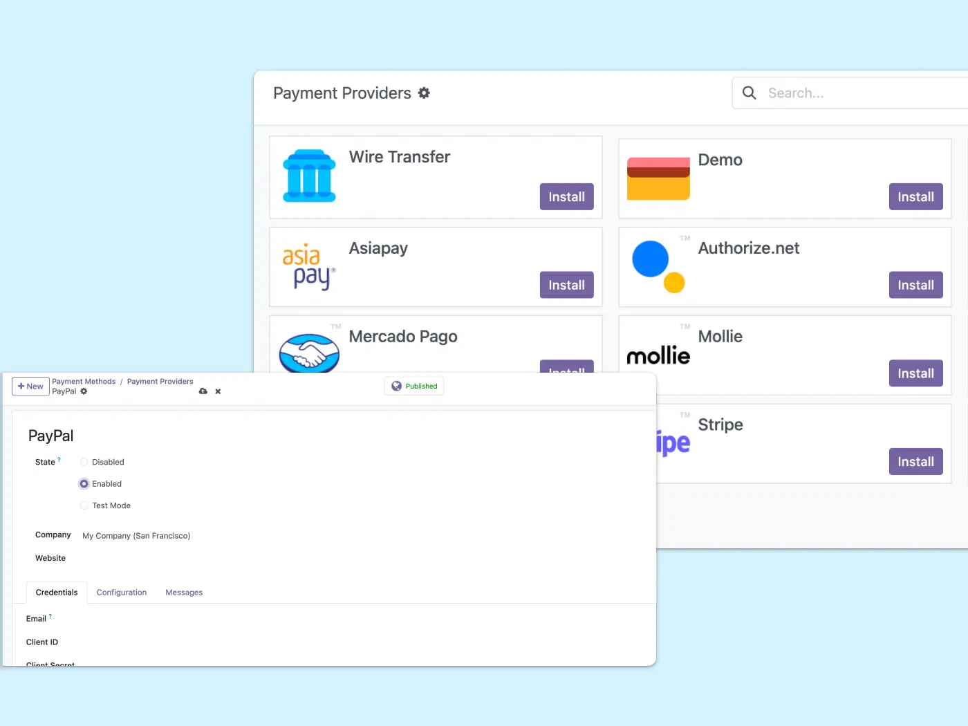 List of payment providers and a screen showing how to add a new one