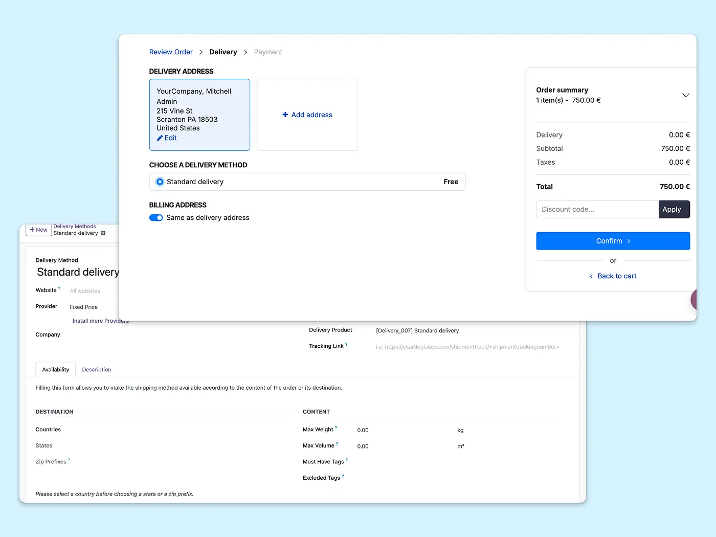 A screen showing a shopping cart and shipping options