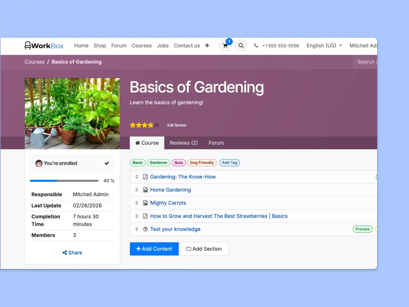 Main screen of a course titled “Basics of Gardening,” course progress, and information for each chapter