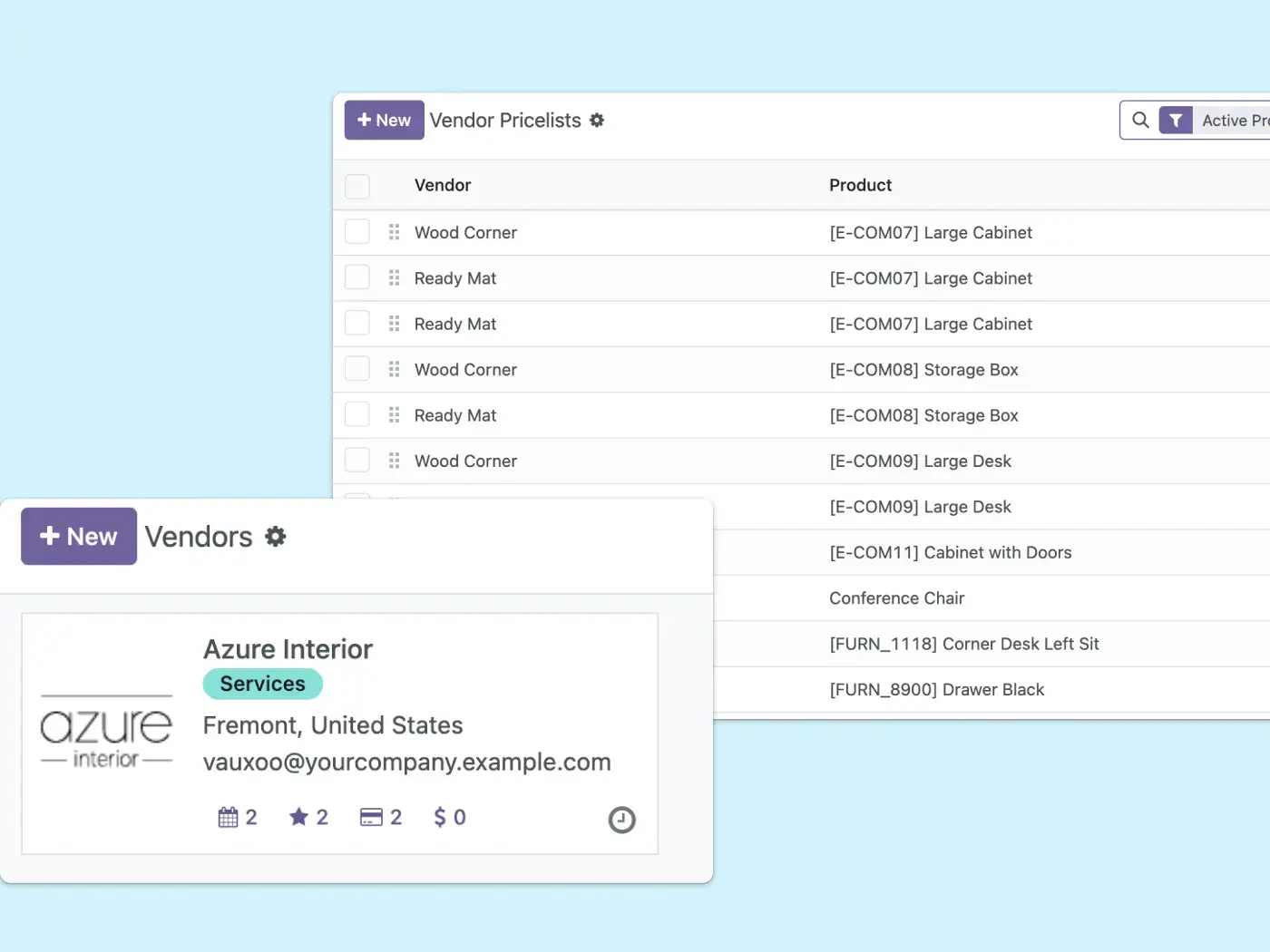 Vendor price list, product types, and vendor card