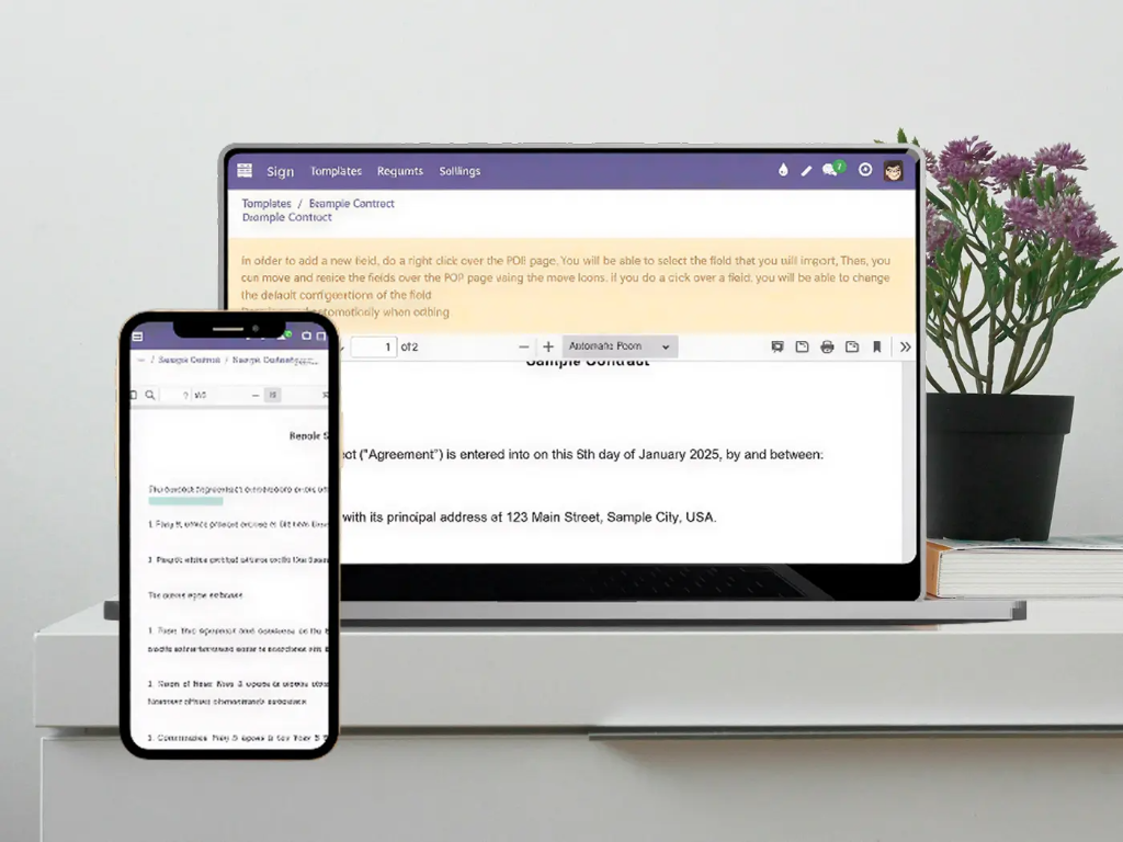 Electronic signature app shown on a computer and a phone