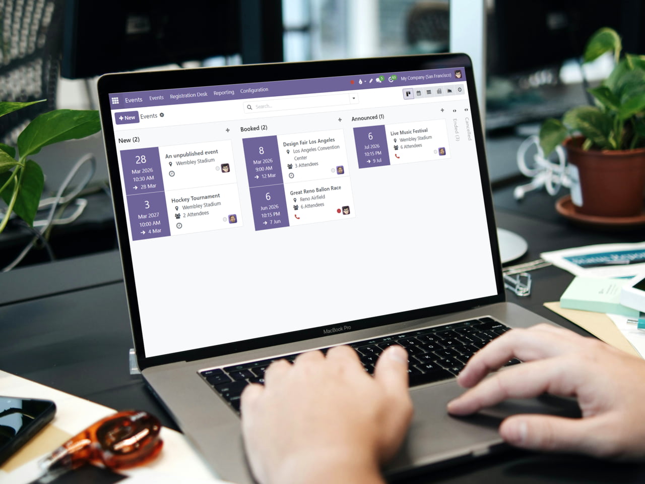 Computer displaying the main screen of the Events app