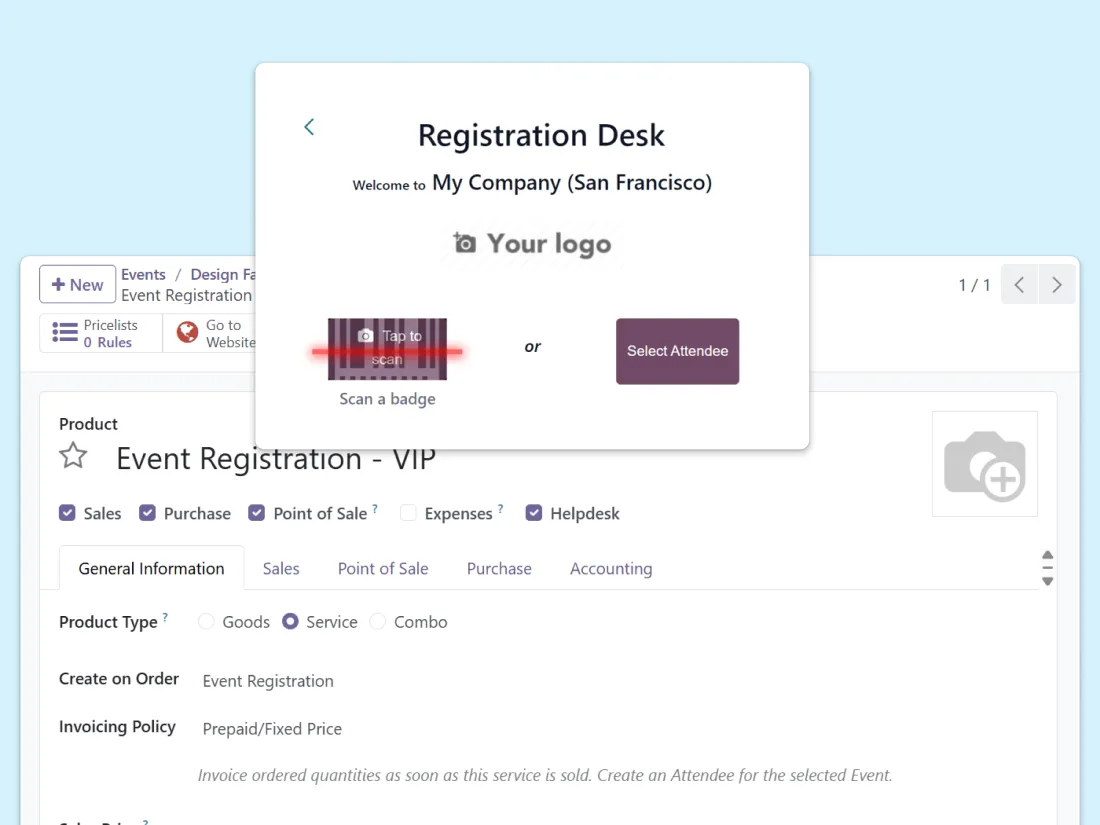 Registering for an event using a barcode scanner or check-in app