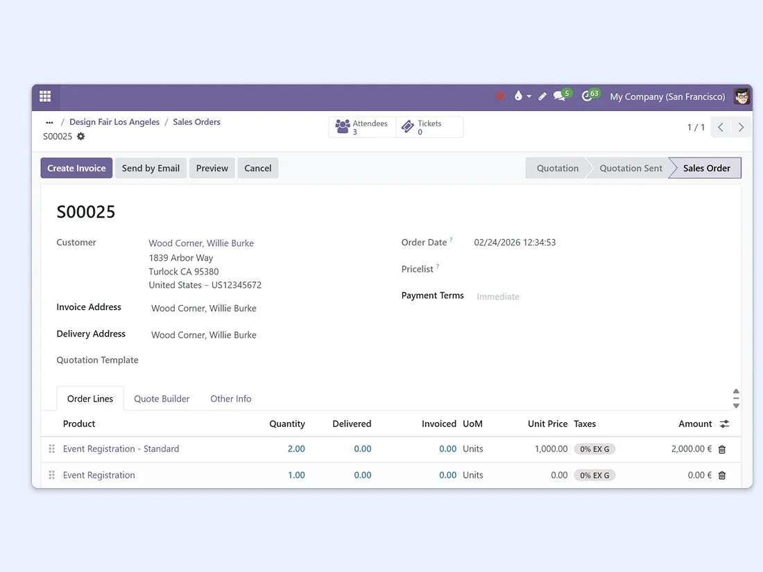 Event configuration screen showing revenue and registration details