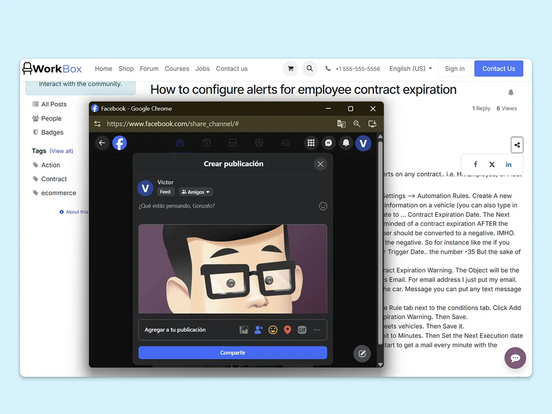 Screenshot showing how social media features work and how to share content