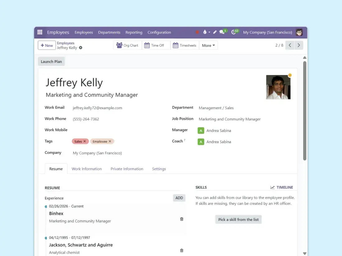 Employee profile card showing key information, a summary of their time at the company, and their experience
