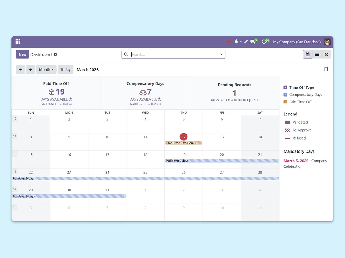  Screenshot of a dynamic calendar with various events to approve, review, or reject