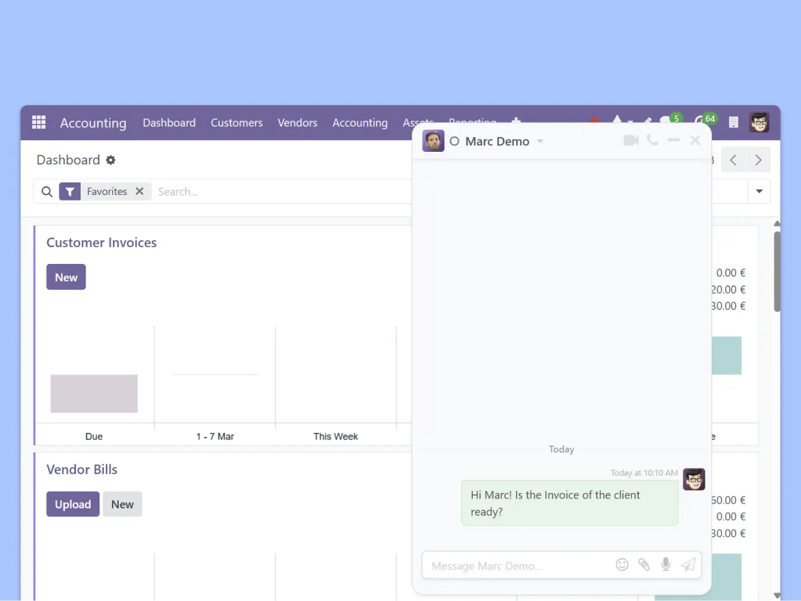 Screenshot showing a chat bubble within Odoo