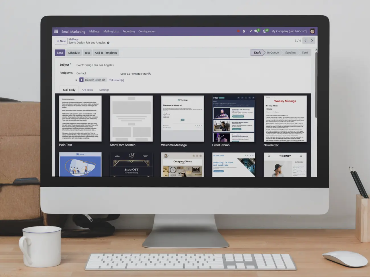 A computer displaying the main screen of the email marketing app