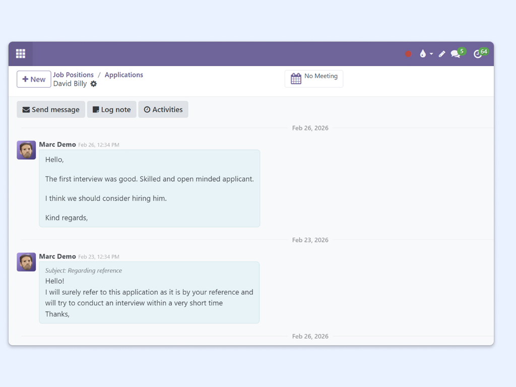 Screen showing a conversation in the Odoo chat