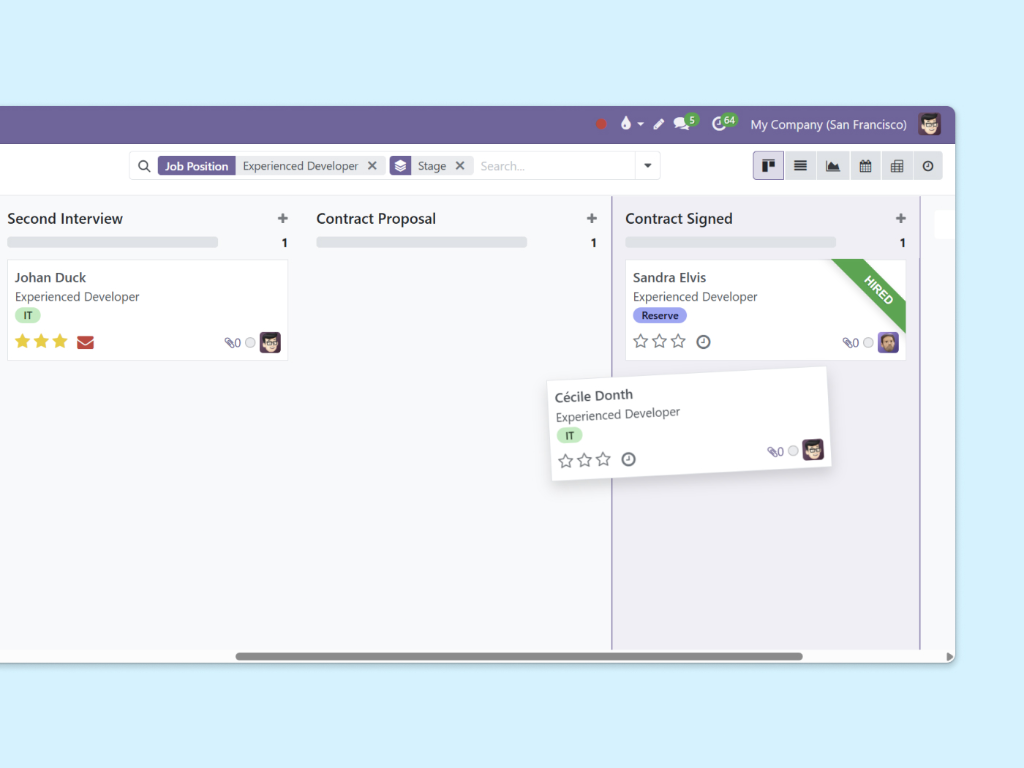 Kanban board where we can see how to move a candidate from one status to another