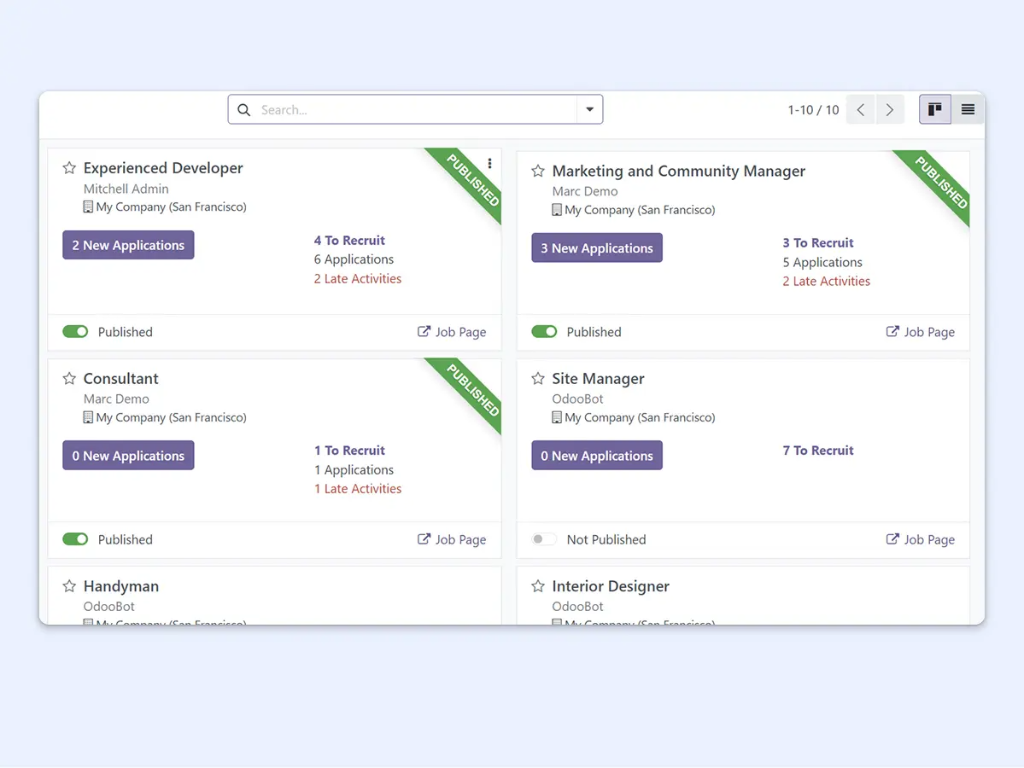 Screenshot showing the selection process for different job positions