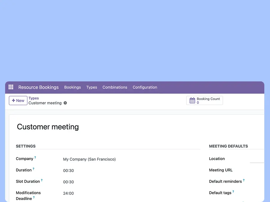 Screenshot showing how to create a booking type with different combinations