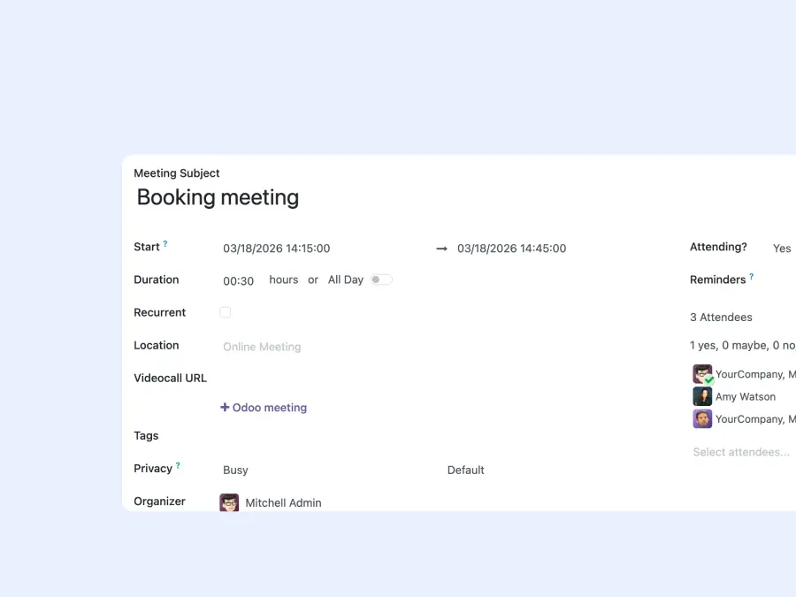 Sample card showing the details of a meeting booking
