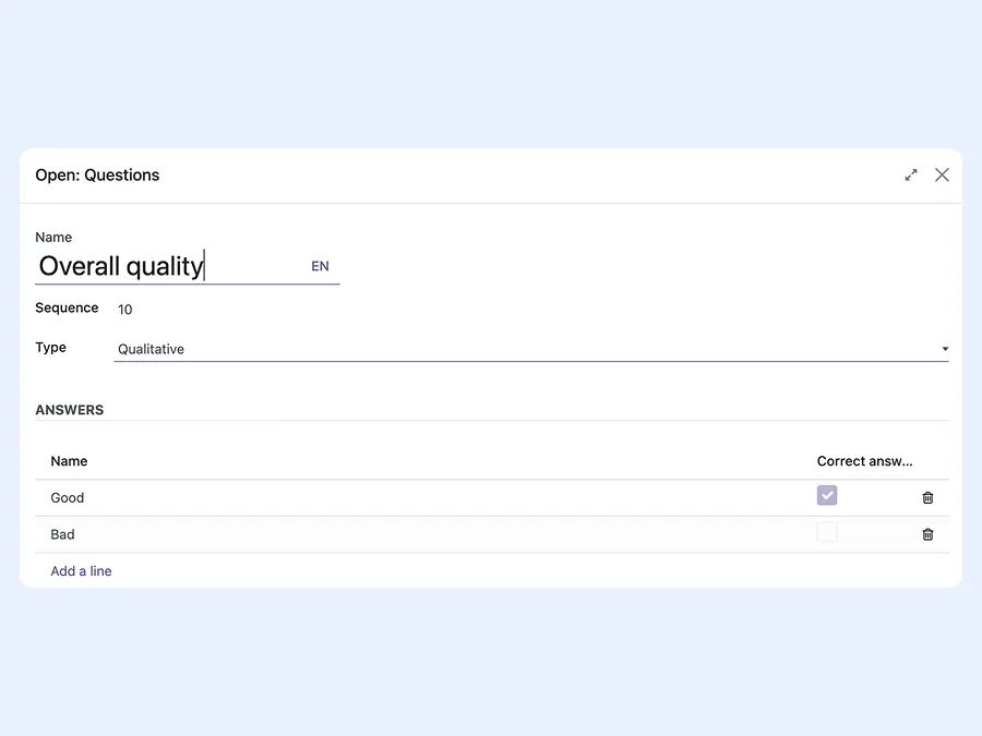 Screenshot showing the creation of a quality test along with the questions