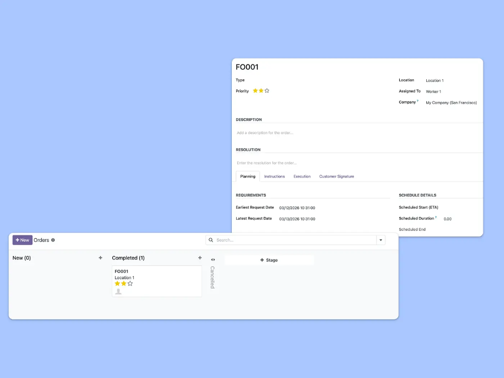 Kanban view of field service jobs by status