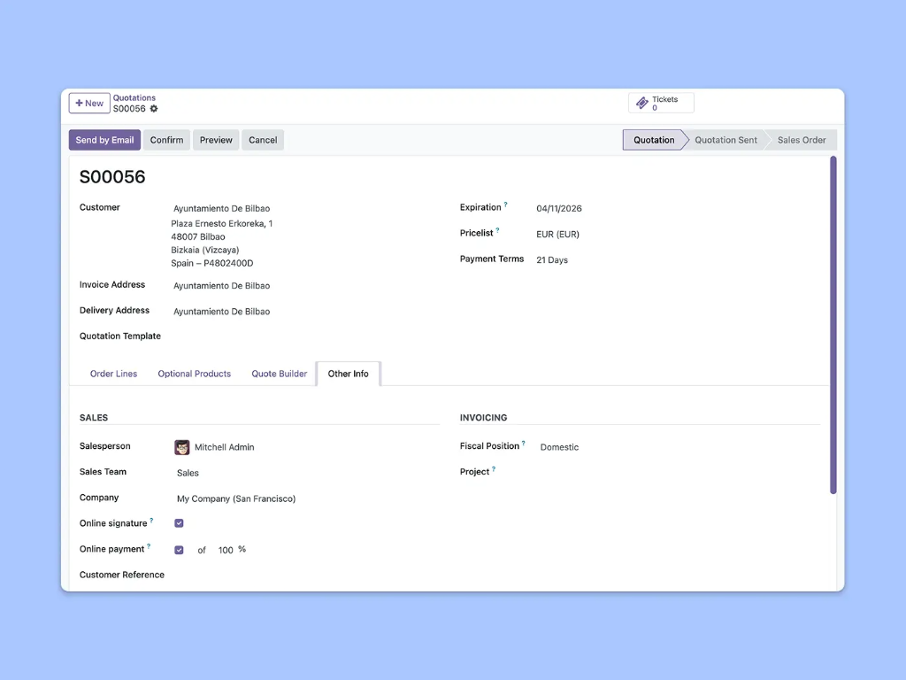 Screen showing how to create a quote with multiple options for modification