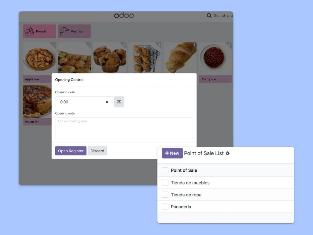 Screenshots showing how to open and select the cash register balance at a point of sale and how to create different points of sale