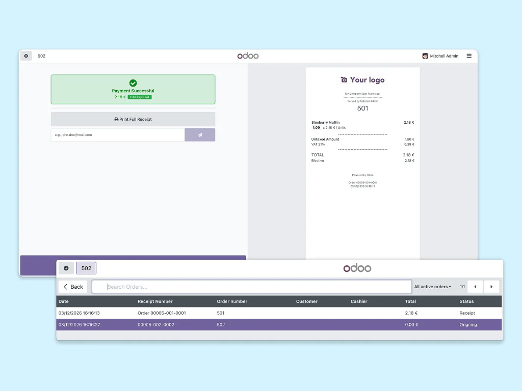 Screenshot showing a completed payment for a product, the purchase order, and a list of pending and in-progress orders