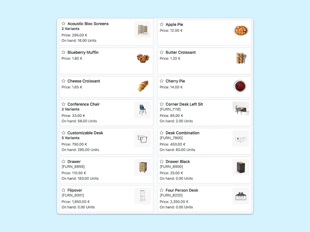 Screenshot showing a list of products with their prices and images