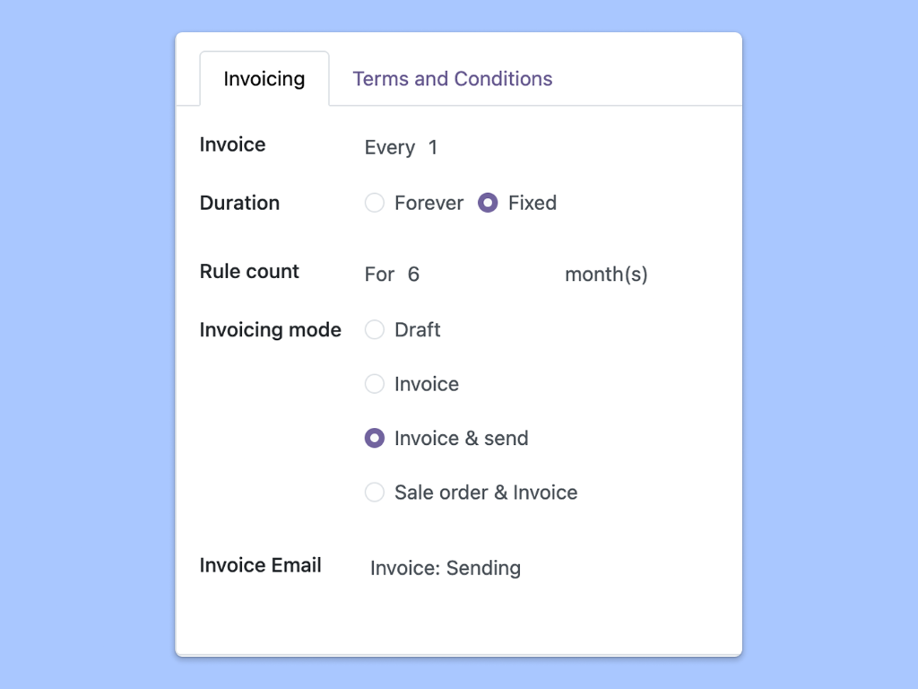 Screenshot showing the terms and conditions and the invoicing option to configure