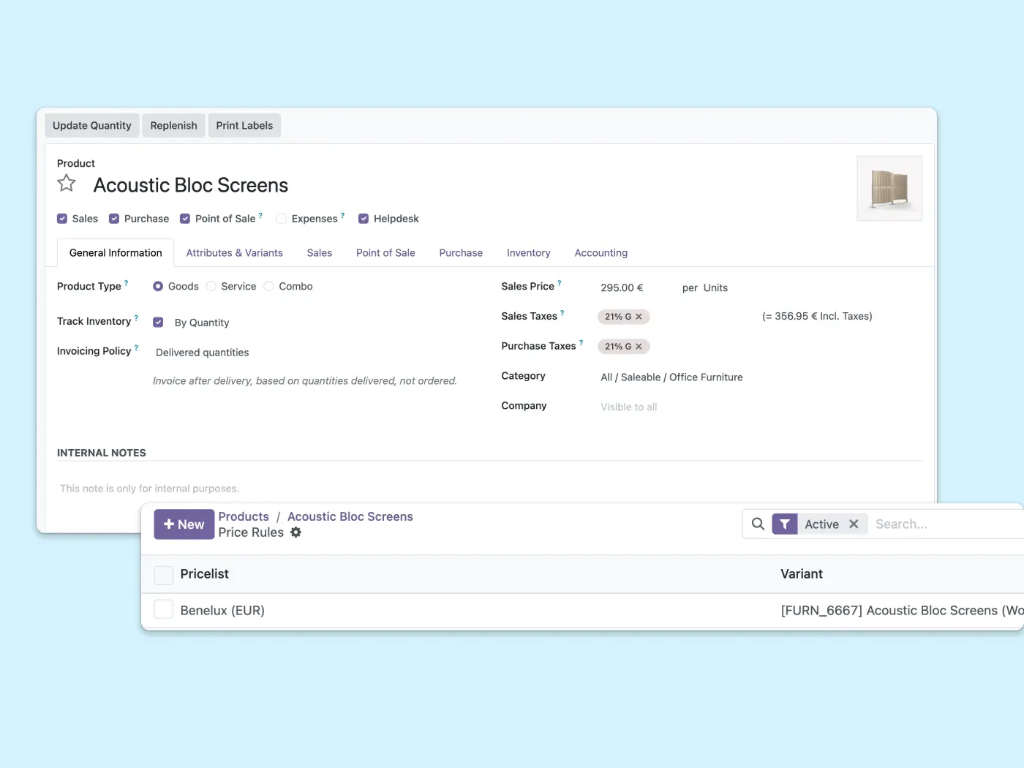 Screenshot showing a fully customizable product card and its pricing rules
