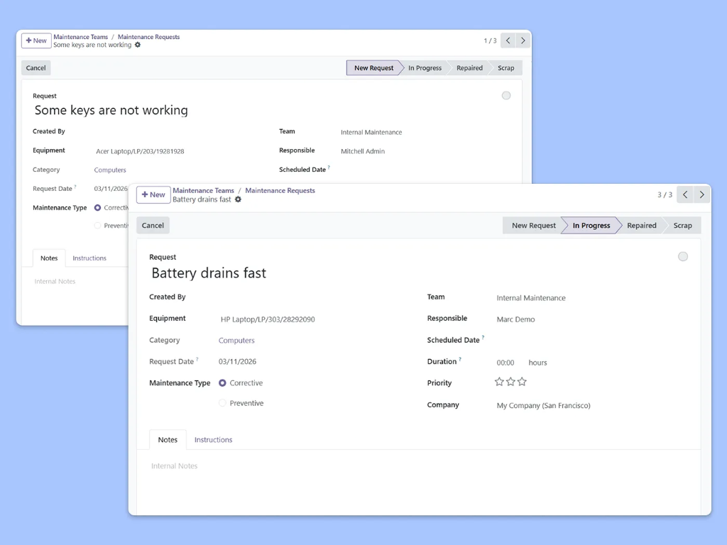 Screenshots showing various repair requests