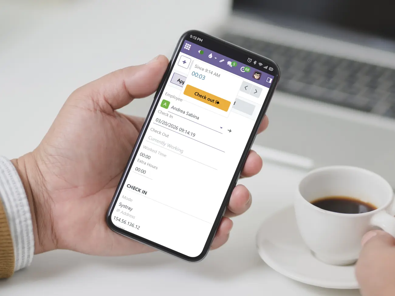 Mobile phone showing the attendance check-out option