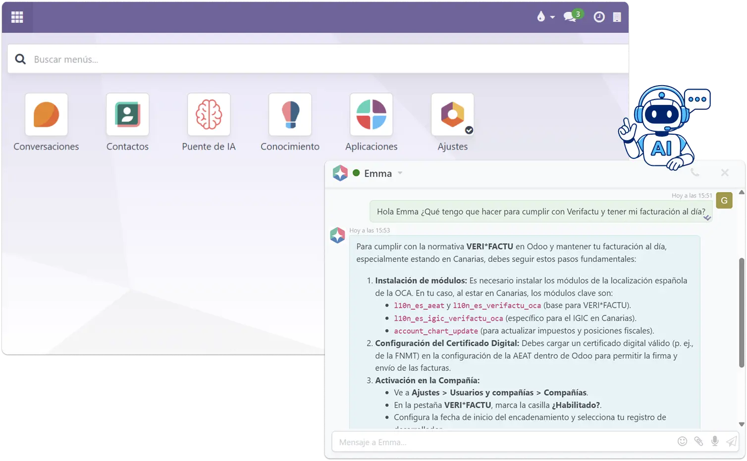 Emma AI for Odoo helping with verifactu